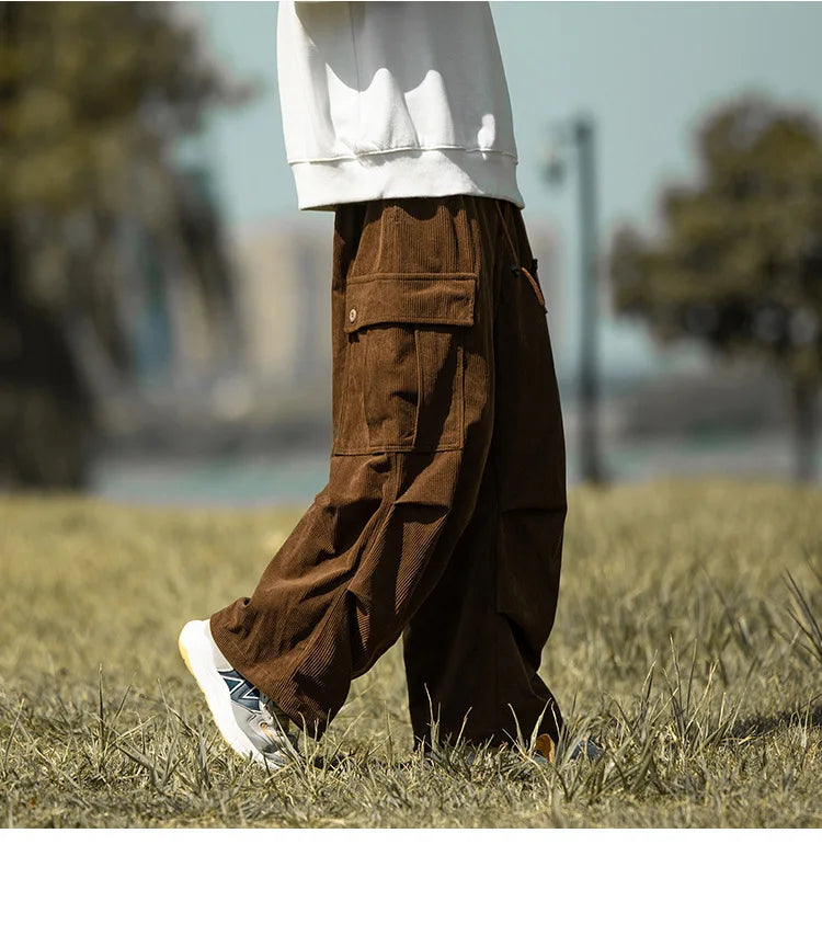 2025 autumn and winter new retro brown corduroy multi pocket workwear pants for men, loose drawstring elastic waist pants