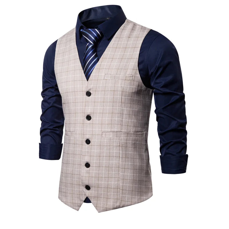 2026 Man Waistcoat Slim Plaid Business Casual Male Suit Vest V-neck Sleeveless Breathable Wedding Party Vest for Men