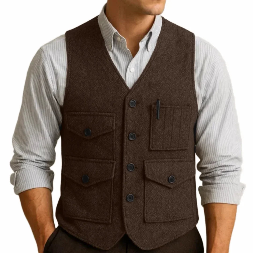 Men Vest Brown Herringbon Single Breasted With Pocket Waistcoat For Wedding Business Work Office Casual Daily Men Suit Vest