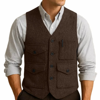 Men Vest Brown Herringbon Single Breasted With Pocket Waistcoat For Wedding Business Work Office Casual Daily Men Suit Vest