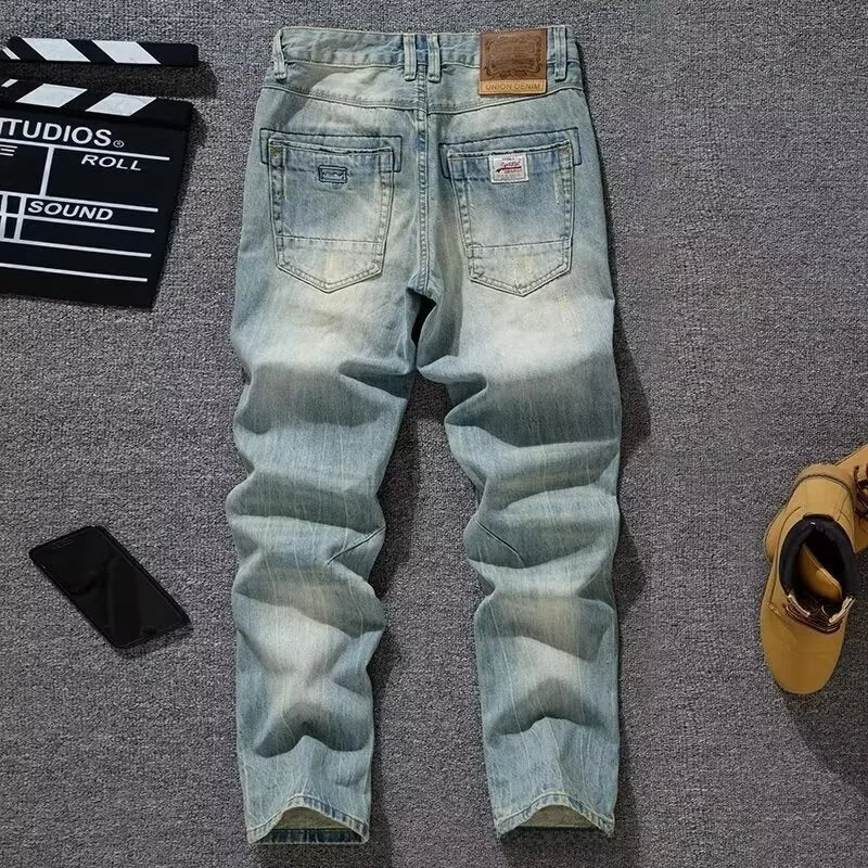 Spring Autumn Trendy Vintage Washed Jeans Men's Loose Straight Leg Fashionable Youth Casual Cotton Denim Anti-Bacterial