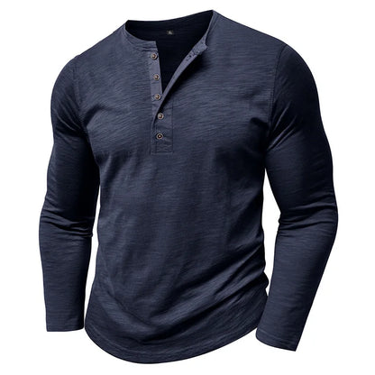 New Autumn Long Sleeve T-Shirt Mens Casual Solid Color Top Henley Neck Slim Versatile Work T-shirt Breathable Outdoor Thin Tee
