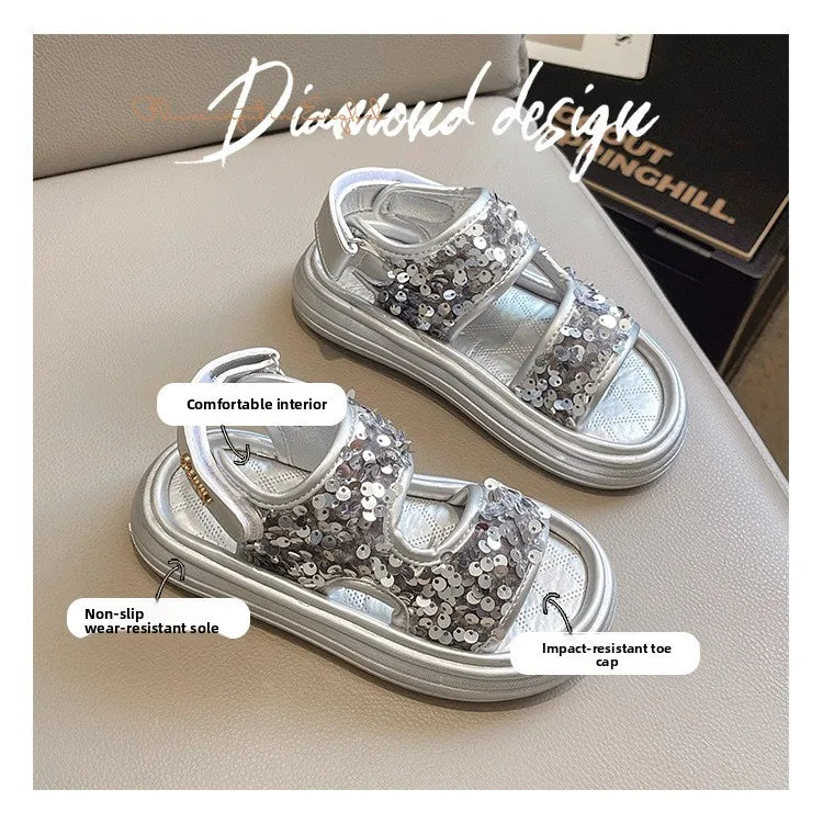 Summer Children's Sandals Sequins Thick Soled Girls Causal Princess Open-toe Sandals Fashion Non-slip Kids Beach Shoes Versatile