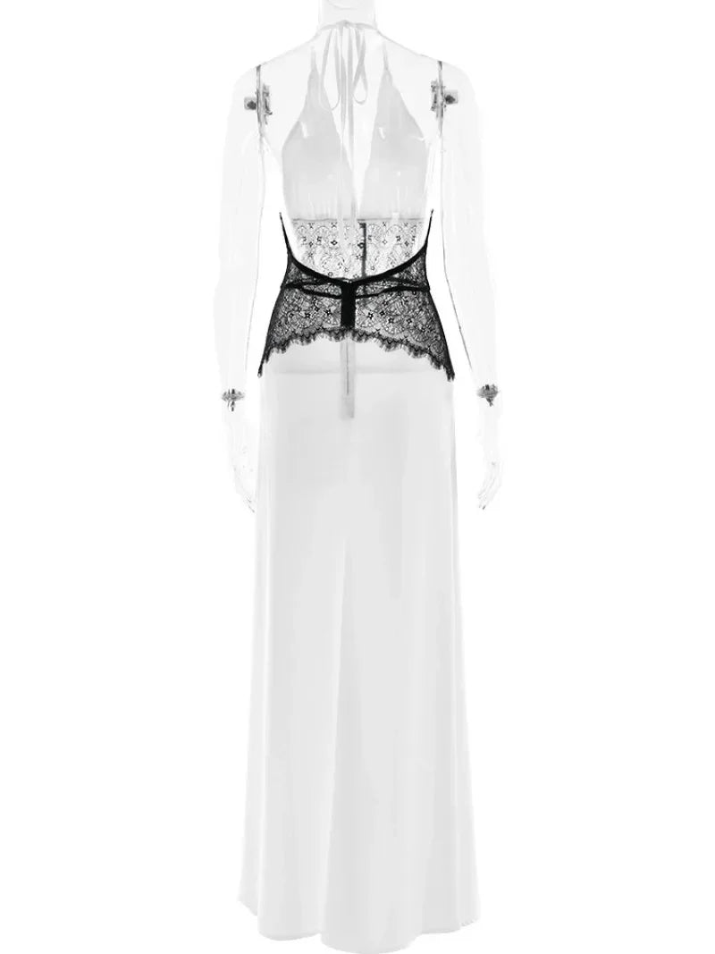 Sexy Deep V-neck Backless Lace Patchwork Satin Dresses for Women 2026 Summer Halter Sleeveless Long Maxi Party Evening Dress