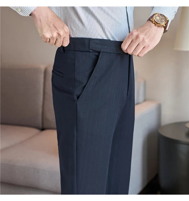 Autumn Winter New Thickened Wool Striped Suit Pants Men's High Qualitys Elastic Waist Slim Fit Business Casual Trousers 38-29