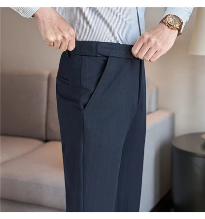 Autumn Winter New Thickened Wool Striped Suit Pants Men's High Qualitys Elastic Waist Slim Fit Business Casual Trousers 38-29