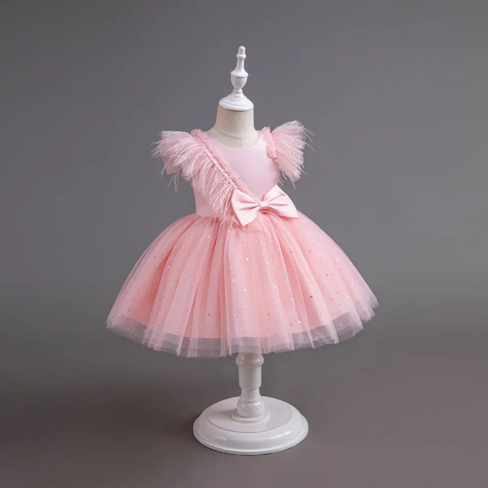 Summer Girls' New Bow Sequin Flying Sleeves Mesh Fluffy Skirt Piano Competition School Graduation Ceremony Dress