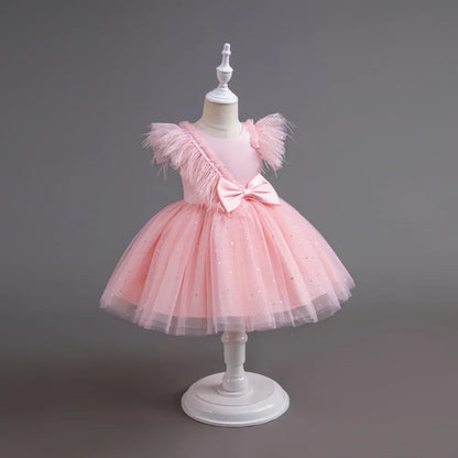 Summer Girls' New Bow Sequin Flying Sleeves Mesh Fluffy Skirt Piano Competition School Graduation Ceremony Dress