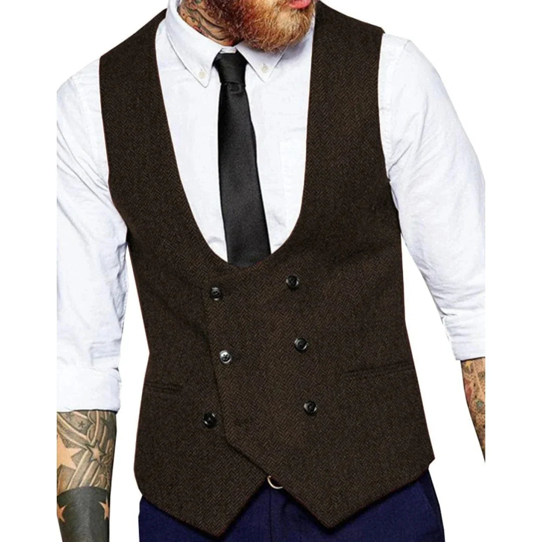 Men Vest Army Green Herringbone Solid Double Button Waistcoat For Wedding Banquet Business Work Casual Daily Men Suit Vest