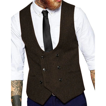 Men Vest Army Green Herringbone Solid Double Button Waistcoat For Wedding Banquet Business Work Casual Daily Men Suit Vest