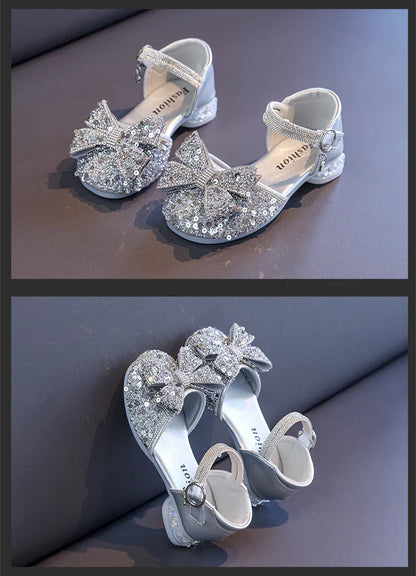 2025 Children's Crystal Princess Shoes bow Tie stylish summer new girls' head-wrapped sandals small high heels performance shoes