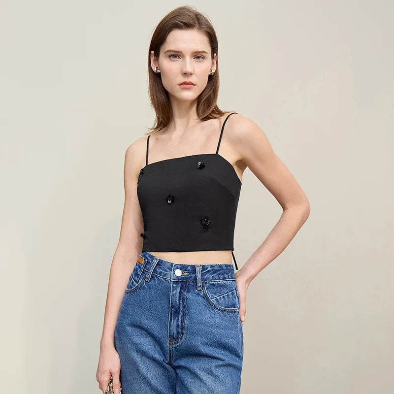 Women's Camisole 2026 Autumn New Casual Bead Women's Sleeveless Vest Square Neck Inner Wear Straps Short Slim Top 12621025