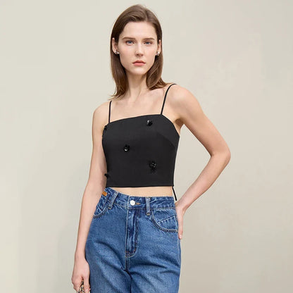Women's Camisole 2026 Autumn New Casual Bead Women's Sleeveless Vest Square Neck Inner Wear Straps Short Slim Top 12621025