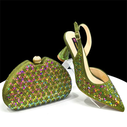 Elegant Full Diamond Design Green Color Italian Women's Shoe and Handbag Set for Weddings and Special Occasions