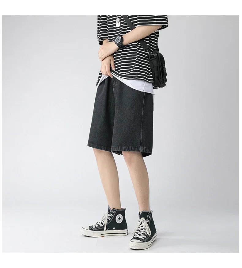 Wide Baggy Denim Shorts Men Summer Thin Solid Color Casual Loose Knee-length Pants Male Jeans Shorts Streetwear