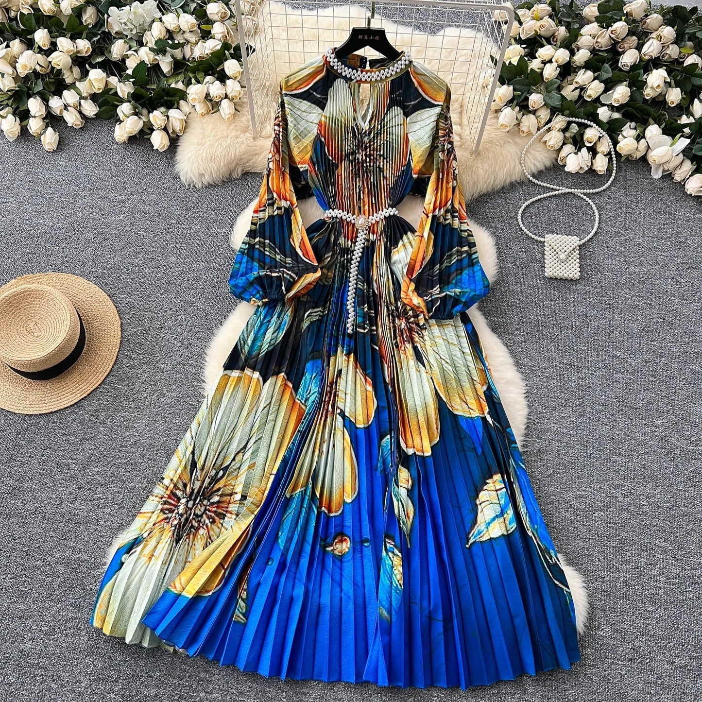 Ele High-End Women's Dr Faionable Beaded round Ne Hollow out Pleated Lantern Sve Waist Cinched Floral Print Lon...