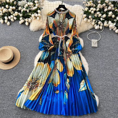 Ele High-End Women's Dr Faionable Beaded round Ne Hollow out Pleated Lantern Sve Waist Cinched Floral Print Lon...