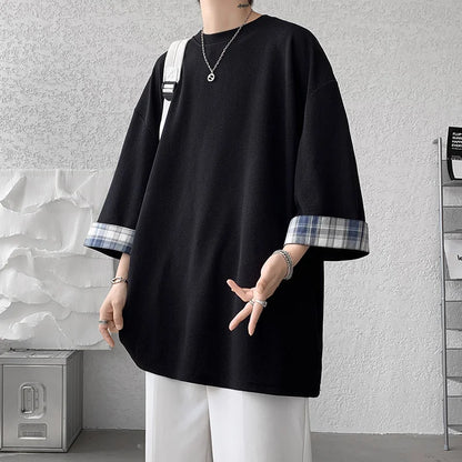 men t shirts Summer Men's T-shirts Women Oversized 2XL Korean Style Loose Plaid T-shirt Casual Seven sleeves T-Shirt Male White