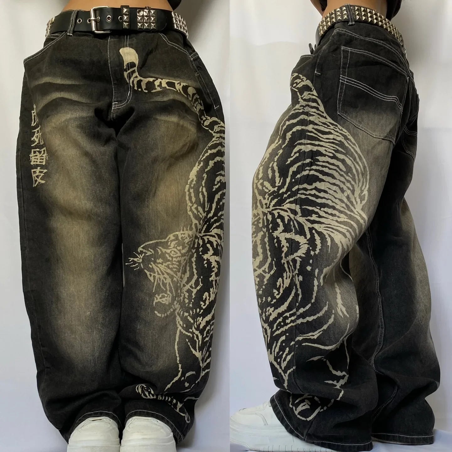 Japanese Harajuku Jeans Mens New Dragon High Quality Jeans Gothic Y2K Vintage Hip Hop Streetwear Denim Fabric Wide Leg Pants