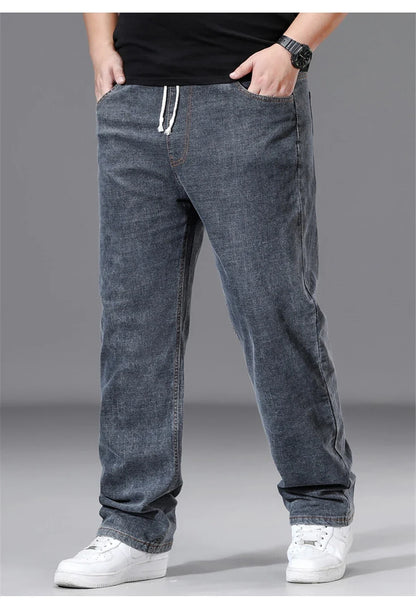 8XL Plus Size Jeans Men Solid Color Denim Pants Male Fashion Casual Baggy Jeans Elastic Waist Straight Pants