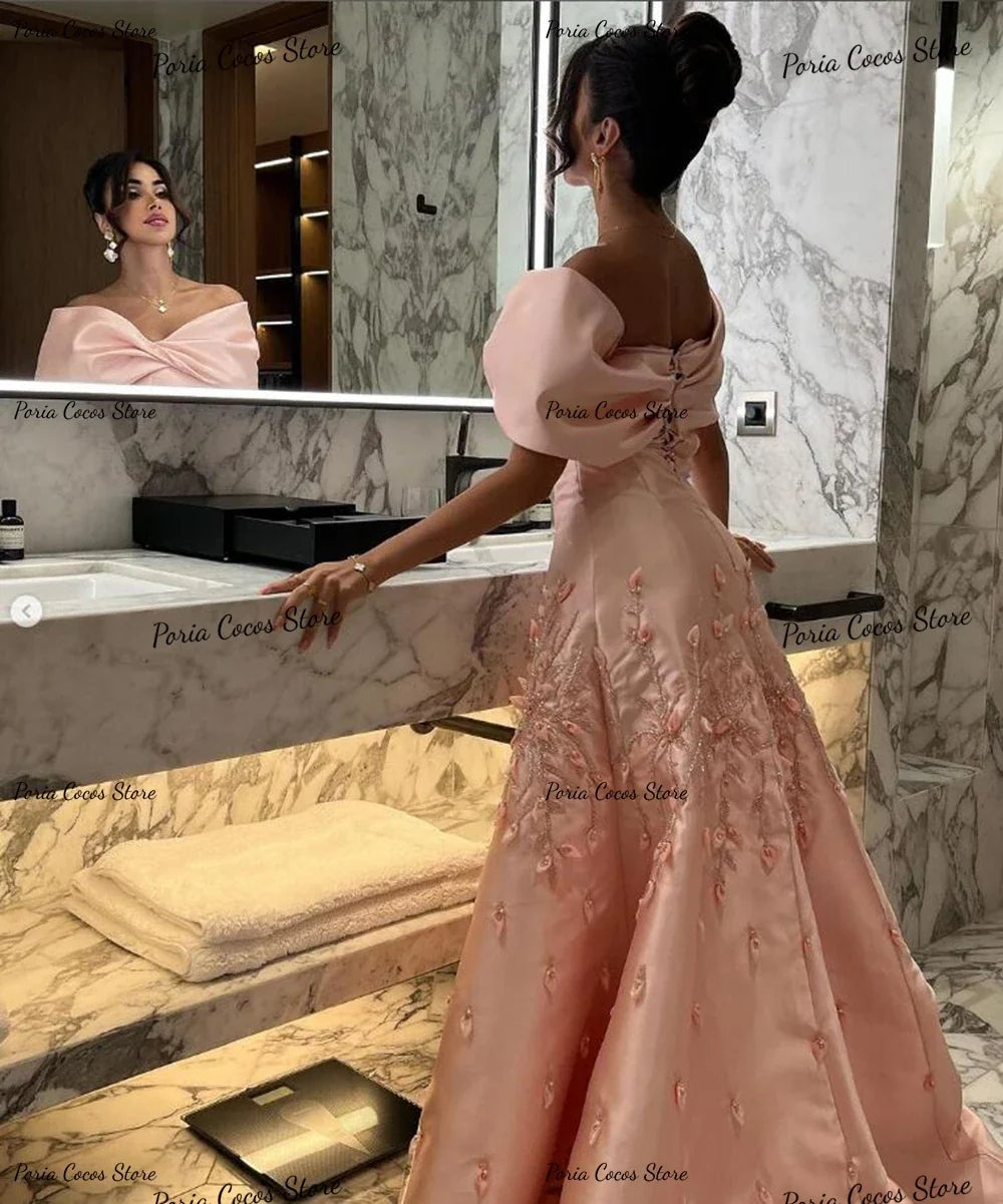 Customized Exquisite Off Shoulder Prom Gown A-line Satin V Neck Evening Party Dresses Sexy Backless Banquet Party Dress for Wome