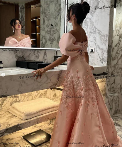 Customized Exquisite Off Shoulder Prom Gown A-line Satin V Neck Evening Party Dresses Sexy Backless Banquet Party Dress for Wome