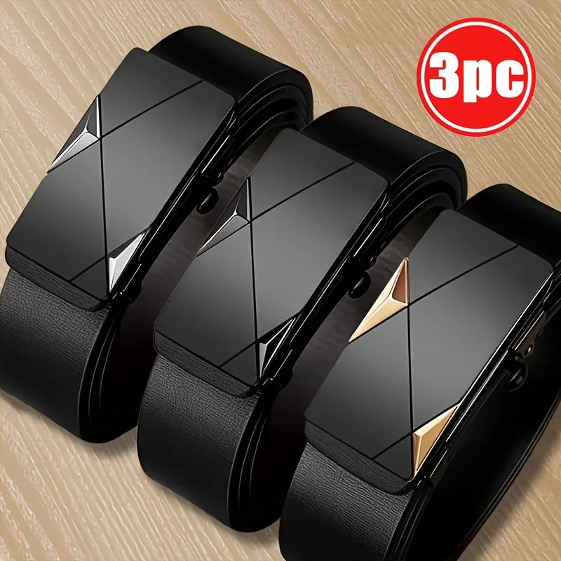 Men's 3-Piece Faux Leather Belt Set, 2026 New Style, Automatic Smooth Buckle, for Tucking In, Great for Business and Casual