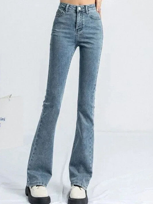 Women Korean Flare Jeans Girls High Waist Elastic Boot Cut Pants Lady Vintage Blue Black Gray Brown Denim Bell Bottom Trousers
