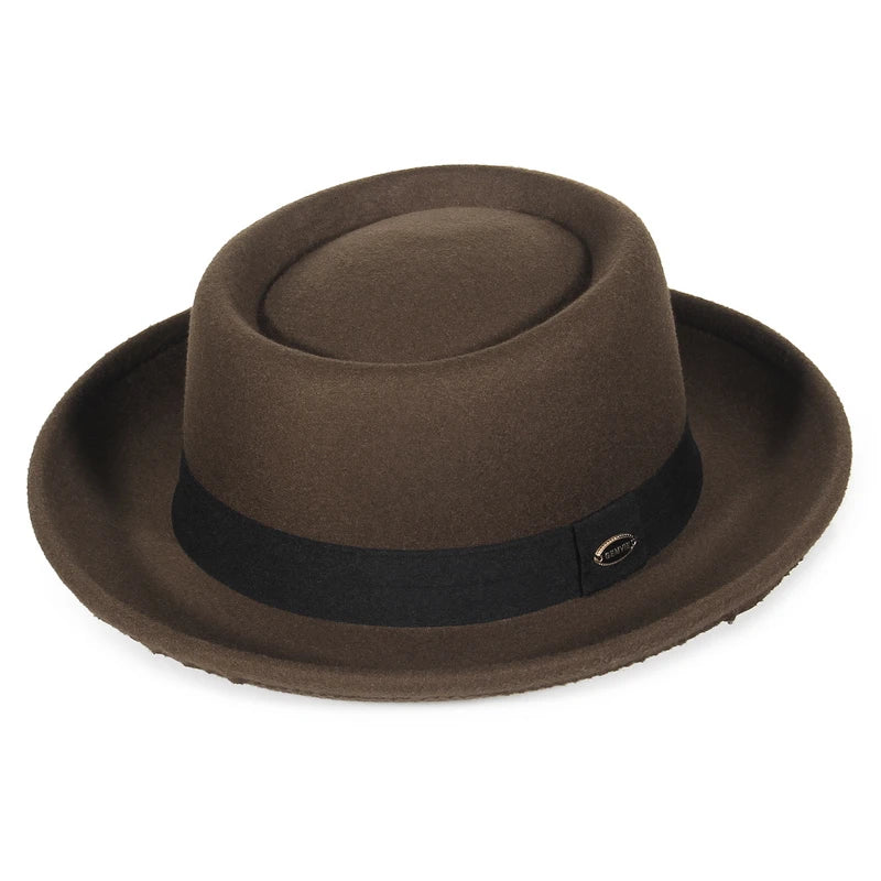 Autumn Winter Pork Pie Fedora Hat for Women Men Soft Felt Curved Brim Porkpie Hats with Hatband Feather