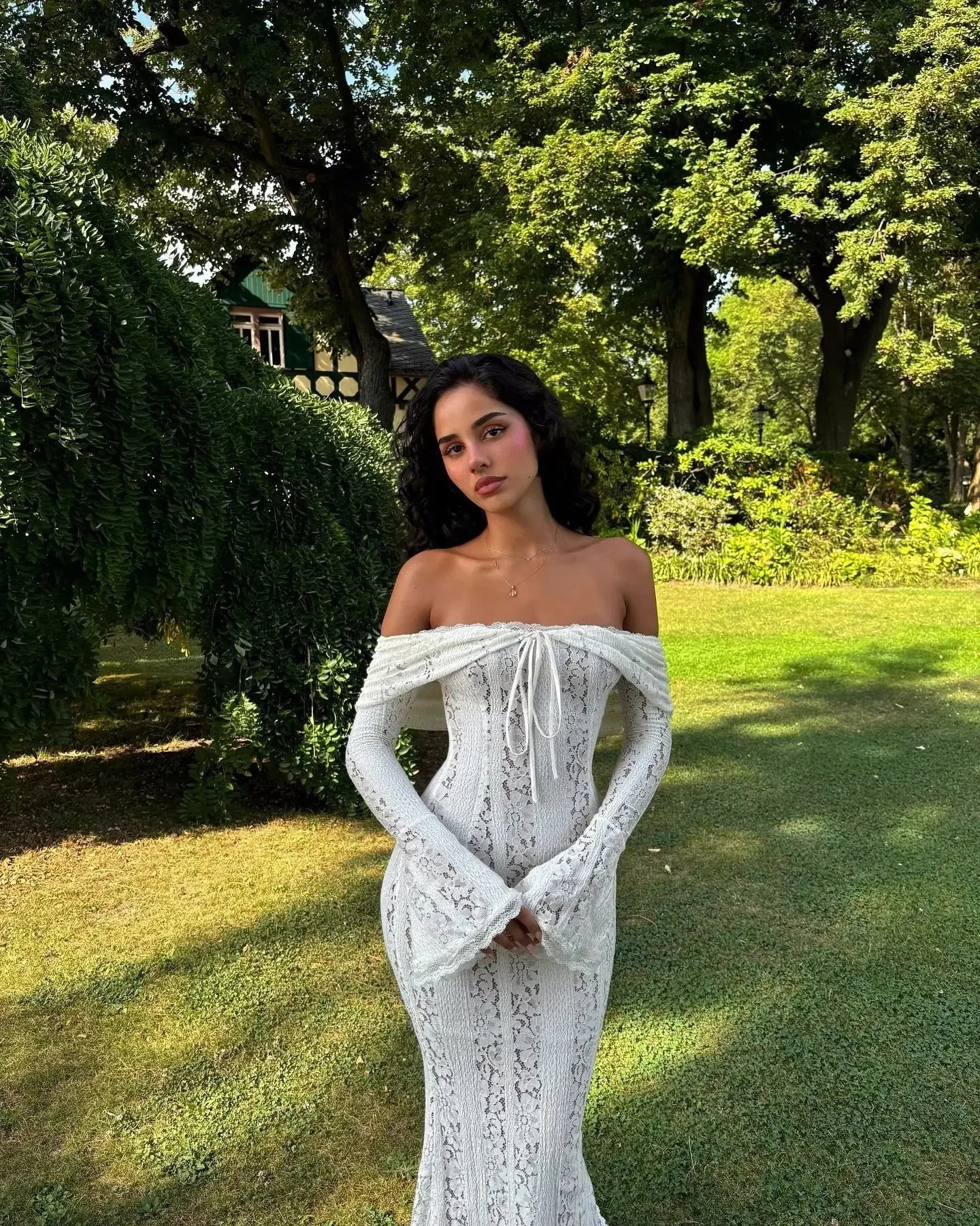 Elegant Off The Shoulder Bodycon Dress 2024 New in White Flare Sleeve Lace Maxi Dress Wedding Guest Dress for Women