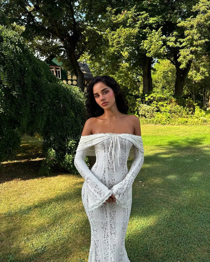 Elegant Off The Shoulder Bodycon Dress 2024 New in White Flare Sleeve Lace Maxi Dress Wedding Guest Dress for Women