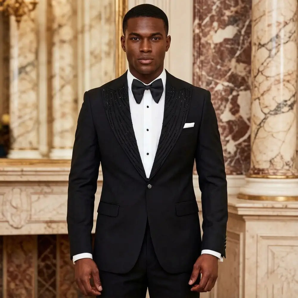 2 Pieces Men Suits Slim Fit Beaded Wedding Prom Tuxedo Shawl Lapel Single Decorative Button Formal Groom Party Office Wear