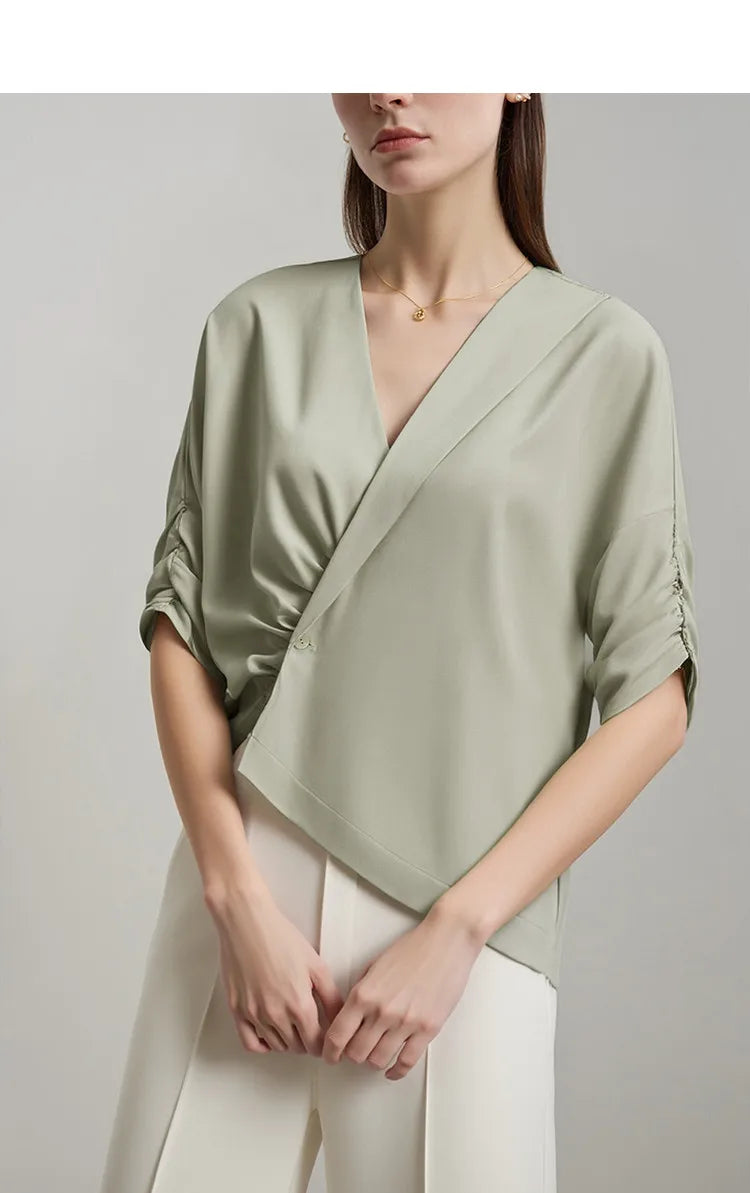 Women's Blouse 2026 Summer New V-Neck Asymmetric Pleated Mid Sleeve Shirt Relaxed Fit Office Casual Top For Women 12622117