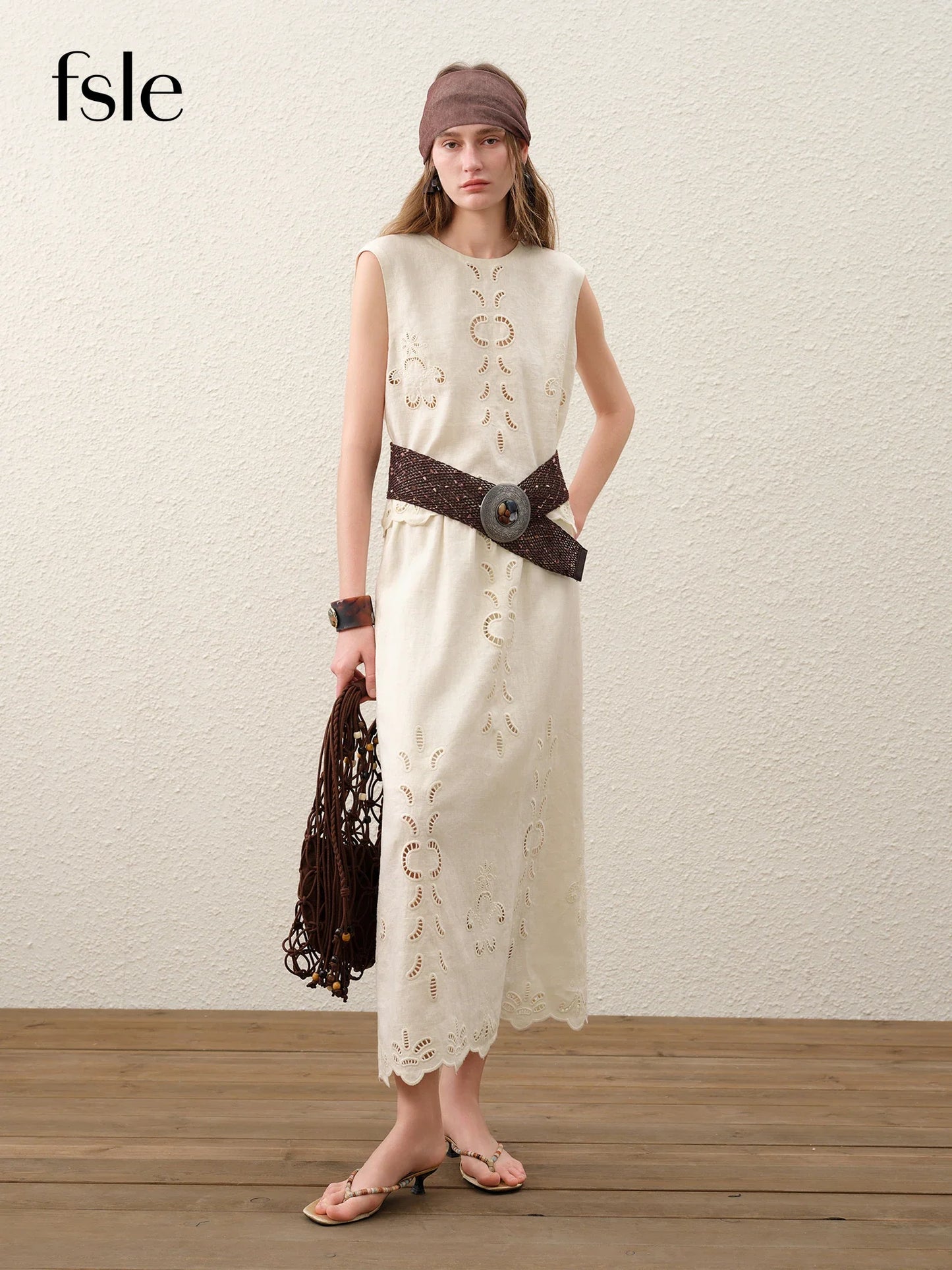 Summer Women Linen Two Piece Set Cut-Out Embroidered Sleeveless Top Midi Skirt Boho Beach Vacation Style