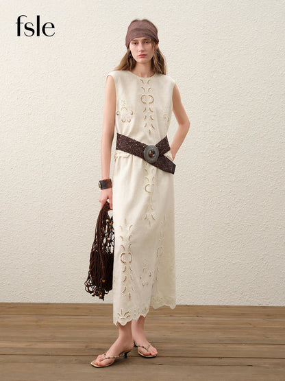Summer Women Linen Two Piece Set Cut-Out Embroidered Sleeveless Top Midi Skirt Boho Beach Vacation Style