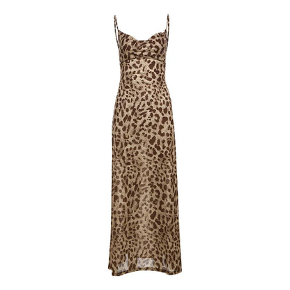 Leopard Print Dress Woman Summer Sexy Swing Collar Spaghetti Straps Backless Ruffles Party Clubwear Skinny Vestidos