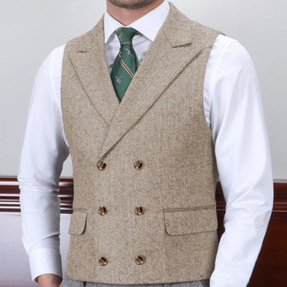Men Vest Gray Herringbone With Lapel Double Button Waistcoat For Wedding Business Banquet Work Daily Casual Men Suit Vest