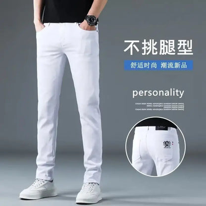 Korean Man Designer Clothes 2025 White Jeans Men Spring Autumn Printed Students Slim Stretch Pencil Pants Workwear Long Trousers