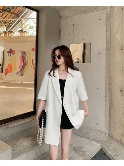 Korean Fashion Loose Thin Blazer Women Spring Autumn New Extra Large Mid Length Short Sleeved Women Coat Casual Outwear
