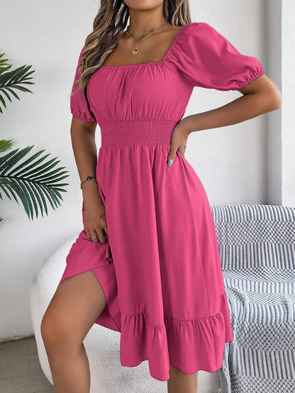 Spring Summer Elegant High Waisted Dress Square Neck Short Sleeved Ruffled Edge Long Dresses 2026 Valentine's Day Woman Clothing