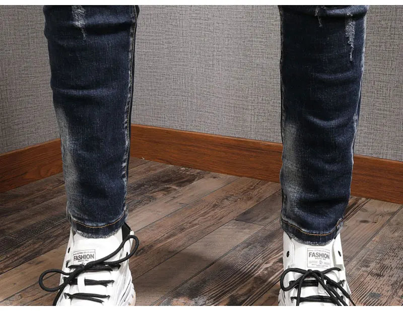 Fashion Streetwear Men Jeans Retro Black Blue Elastic Slim Fit Ripped Jeans Men Spliced Designer Embroidery Hip Hop Denim Pants