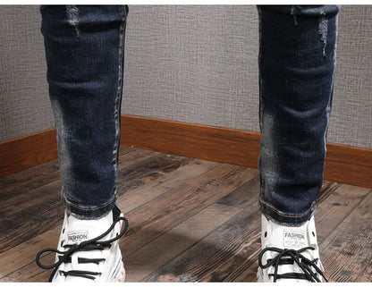 Fashion Streetwear Men Jeans Retro Black Blue Elastic Slim Fit Ripped Jeans Men Spliced Designer Embroidery Hip Hop Denim Pants