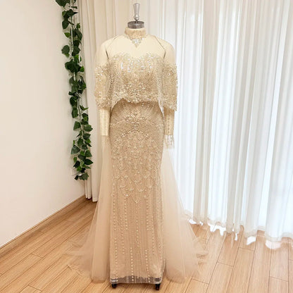 Beaded Mermaid Evening Dress for Women 2026 Elegant High Neck Long Sleeves for Women Wedding Party Gown Customized