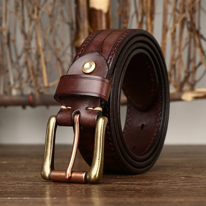 3.8CM Pure Cowhide Genuine Leather Retro Fashion Personality Embossed Belts for Men Luxury Brand Design Male Copper Buckle Belts