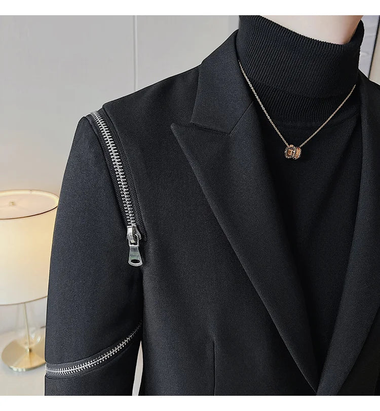 2024 Autumn New Zipper Decoration Blazer Men Casual Slim Fit Business Dress Coats Homme Formal Social Prom Tuxedo Men Clothing