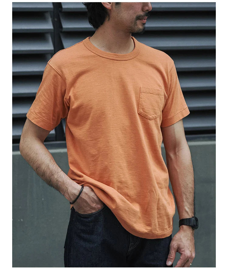 Rugged Bronson Loopwheel Tubular Pocket T-Shirt 220g Slub Cotton Men's Seamless Side Tee Short Sleeve