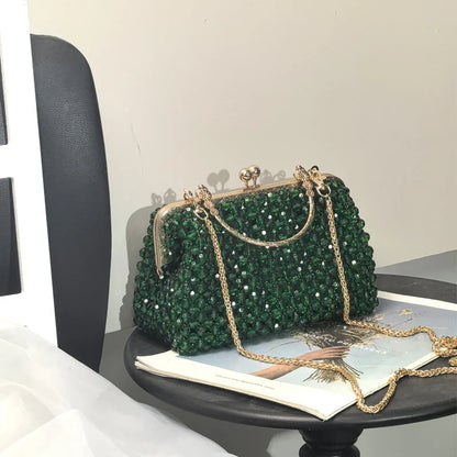 Emerald Green Handmade Beaded Clutch Bag | Vintage Gold Frame Evening Purse with Chain Strap for Party/Wedding/Cocktail