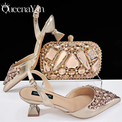 Italian Shoes and Handbags Accessory Set with Rhinestone Metal Embellishments Wedding Shoes Bridal Shoes Designer