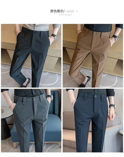 Elastic Waist Solid Color Suit Pants Men Formal Slim Fit Business Casual Trouser High Quality Social Wedding Fashion Dress Pant