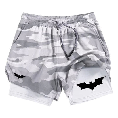 Bat Print 2 in 1 Performance Shorts for Men Athletic Breathable Quick Dry Shorts with Phone Pocket Gym Workout Running